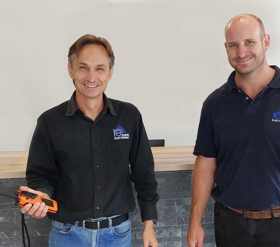 Francois du Toit from Radio Electronic Namibia holding EPIRBs.