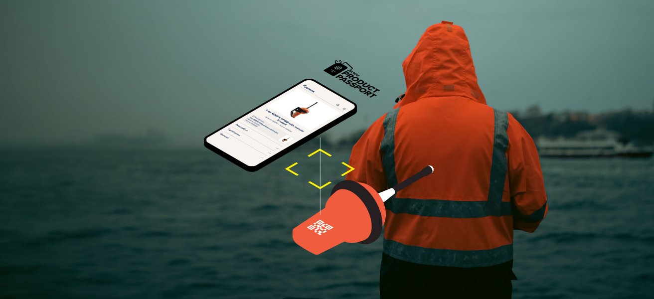 Illustration of how to scan the QR code on a Jotron EPIRB to access the Jotron Product Passport information.