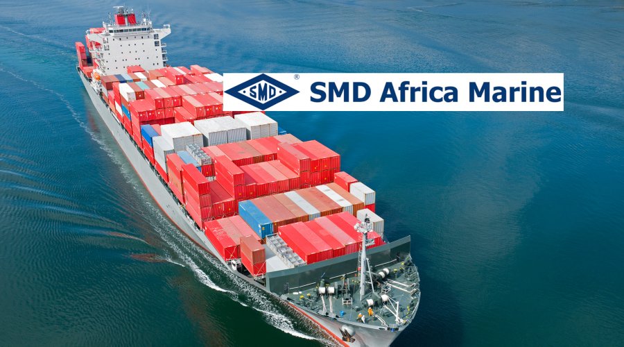 A cargo boat and the SMD Africa Marine logo. A cargo boat and the SMD Africa Marine logo.